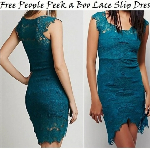 Free People Intimately Peek A Boo Lace Cap Sleeve Overlay Midi Sheath Slip Dress - Picture 15 of 15